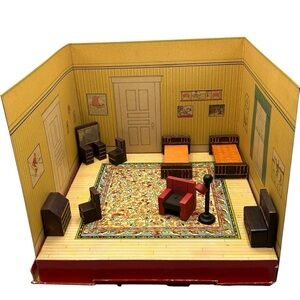 Vintage Tiny Town Furniture Bedroom Set w/ Box Embossing Co Dollhouse 1930s–50s